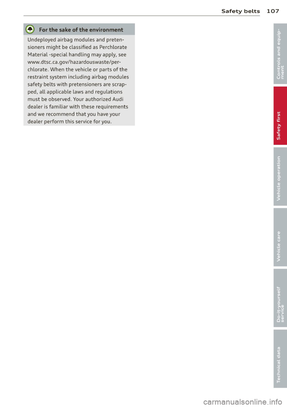 AUDI TT ROADSTER 2015  Owners Manual @ For the  sake of the  environment 
Undeployed airbag  modu les  and  preten­
sioners  might  be classified  as  Perchlorate 
Material -specia l hand ling may apply, see 
www.dtsc.ca.gov/hazardouswa