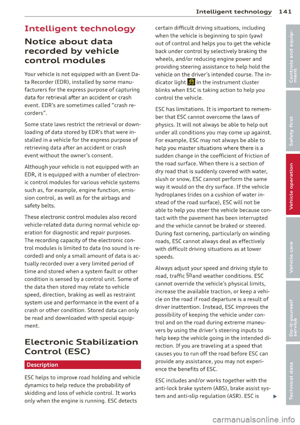 AUDI TT ROADSTER 2015 Owners Manual Intelligent technology Notice about data
recorded by vehicle
control modules
Your vehicle is not equipped with an Event Da
ta Recorder (EDR), installed by some manu
facturers fo AUDI TT ROADSTER 2015 Owners Manual Intelligent technology Notice about data
recorded by vehicle
control modules
Your vehicle is not equipped with an Event Da
ta Recorder (EDR), installed by some manu
facturers fo