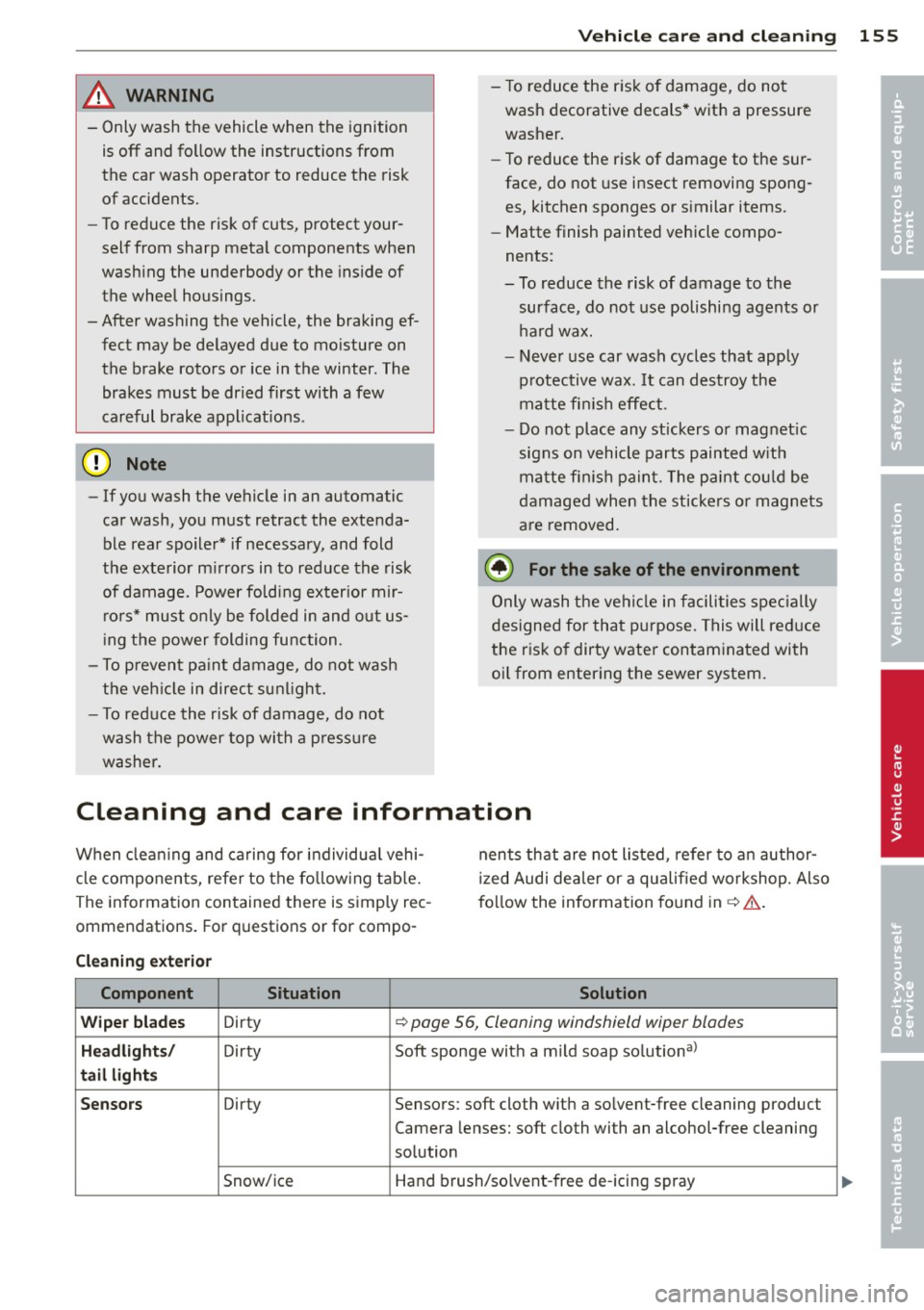 AUDI TT ROADSTER 2015 Owners Manual Vehicl e ca re a nd cl eanin g 155
& WARNING
-Only wash the vehicle when the ignition
is off and follow the instructions from
the car wash operator to reduce the risk
of acc AUDI TT ROADSTER 2015 Owners Manual Vehicl e ca re a nd cl eanin g 155
& WARNING
-Only wash the vehicle when the ignition
is off and follow the instructions from
the car wash operator to reduce the risk
of acc