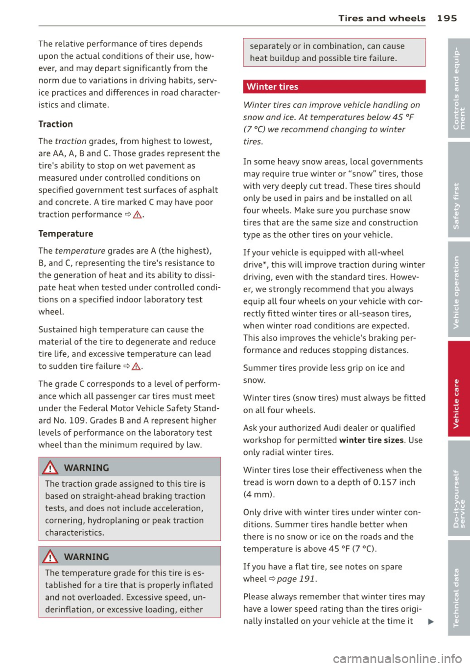 AUDI TT ROADSTER 2015 Owners Manual The relative perform a nee of ti res depends
upon the actua l conditions of their use, how
ever, and may depart sign ificantly from the
norm due to var iat ions in dr iving habits AUDI TT ROADSTER 2015 Owners Manual The relative perform a nee of ti res depends
upon the actua l conditions of their use, how
ever, and may depart sign ificantly from the
norm due to var iat ions in dr iving habits
