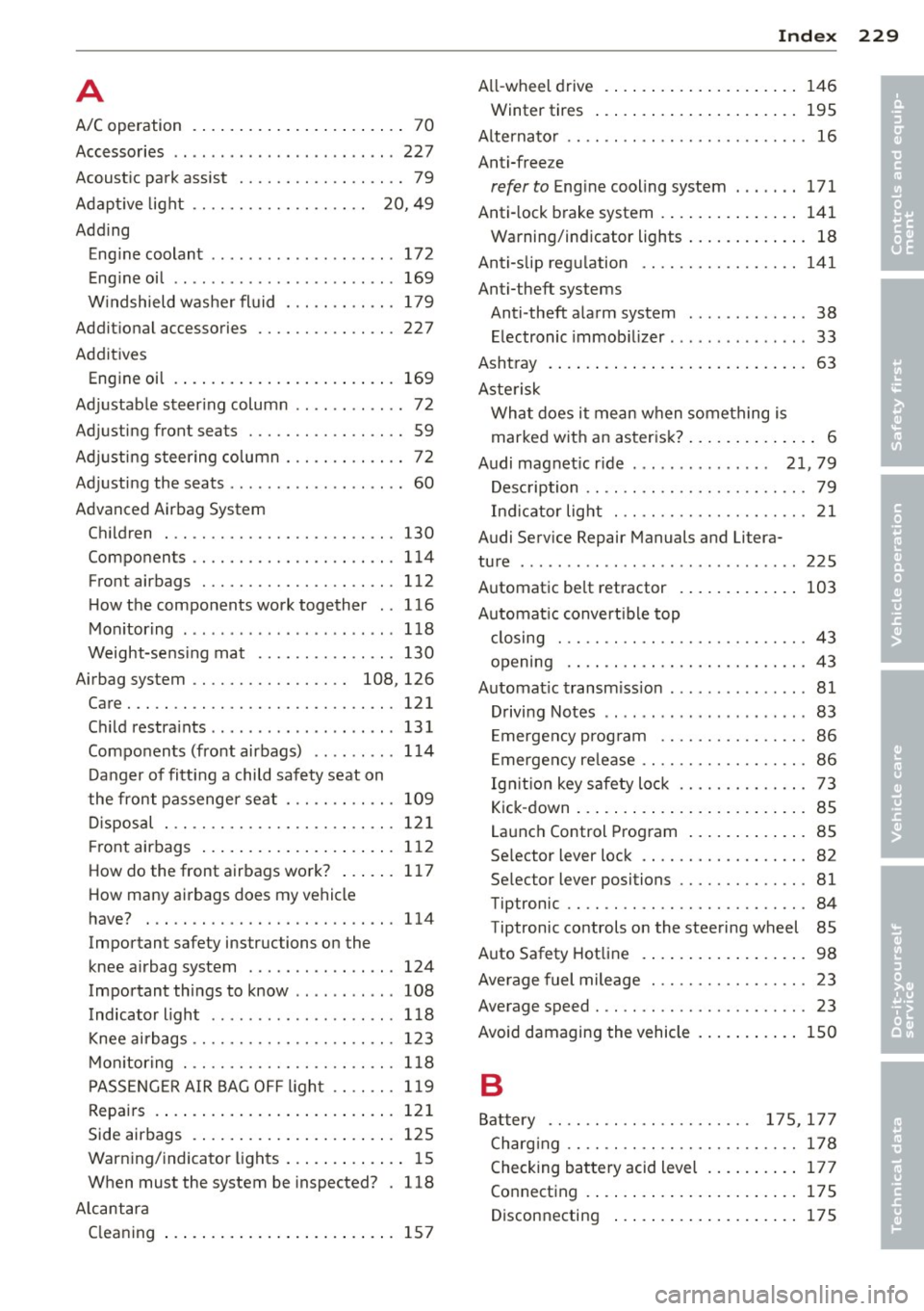 AUDI TT ROADSTER 2015  Owners Manual A 
A/C operation  . . . . . .  . . . .  . . .  . .  . .  . .  . . . .  70 
Accessories  .. ... .. .. ... ... .. .. .. .. .  227 
Acoustic  park  assist  .  . . . . . . .  . .  . .  . .  . .  . .  79 
