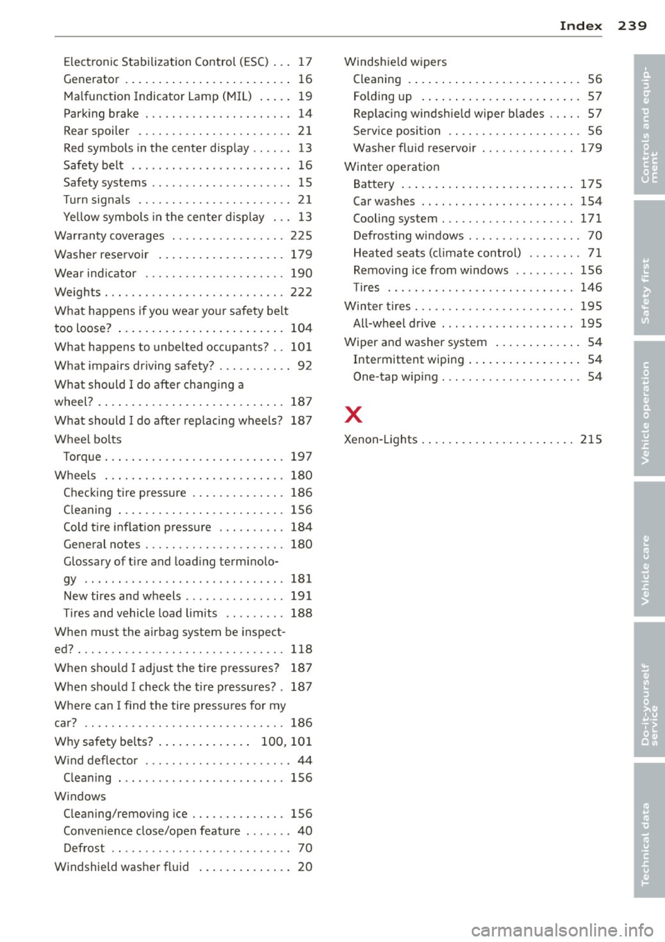 AUDI TT ROADSTER 2015  Owners Manual Electronic  Stabilization  Control  (ESC) . . .  17 
Generator  .. .......... ... ... ... ....  16 
Malfunct ion Indicator  Lamp (MIL)  ... ..  19 
Parking  brake  ............ .... .. ....  14 
Rear 