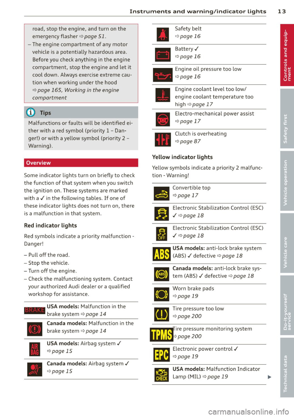 AUDI TT ROADSTER 2014 Owners Manual Instrument s and warnin g/indic ator ligh ts 13
road, stop the engine, and turn on the
emergency flasher¢
page 51.
-The engine com partment of any motor
vehicle is a potentially ha AUDI TT ROADSTER 2014 Owners Manual Instrument s and warnin g/indic ator ligh ts 13
road, stop the engine, and turn on the
emergency flasher¢
page 51.
-The engine com partment of any motor
vehicle is a potentially ha
