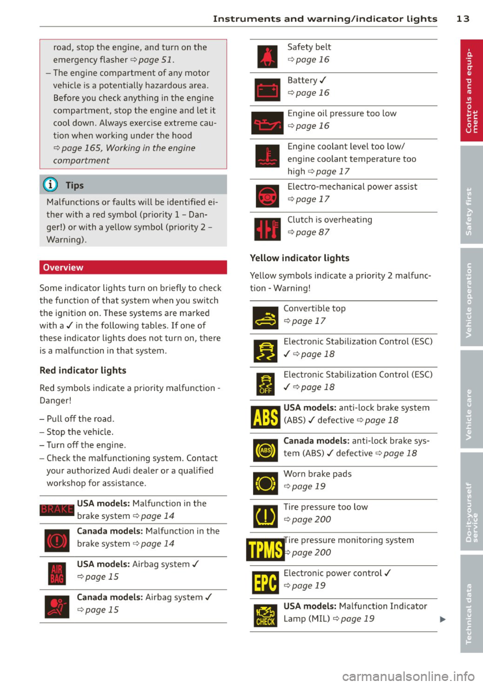 AUDI TT ROADSTER 2014 User Guide Instrument s and  warnin g/indic ator  ligh ts 13 
road, stop  the  engine,  and  turn  on the 
emergency  flasher¢ 
page  51. 
-The engine  com partment  of  any motor 
vehicle  is a potentially  ha