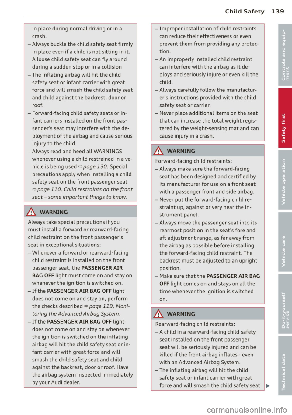 AUDI TT ROADSTER 2014  Owners Manual in  place  during  normal  driving  or  in a 
crash. 
- Always  buck le  the  child  safety  seat  firmly 
in  place  even  if a  child  is  not  sitting  in  it. 
A  loose  ch ild  safety  seat  can 