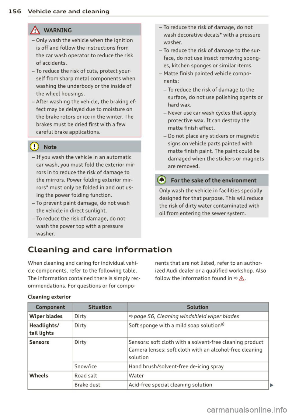 AUDI TT ROADSTER 2014 Owners Manual 156 Vehicle care and cleaning
_& WARNING
- Only wash the vehicle when the ignition
is off and follow the instructions from
the car wash operator to reduce the risk
of accidents.
- AUDI TT ROADSTER 2014 Owners Manual 156 Vehicle care and cleaning
_& WARNING
- Only wash the vehicle when the ignition
is off and follow the instructions from
the car wash operator to reduce the risk
of accidents.
-