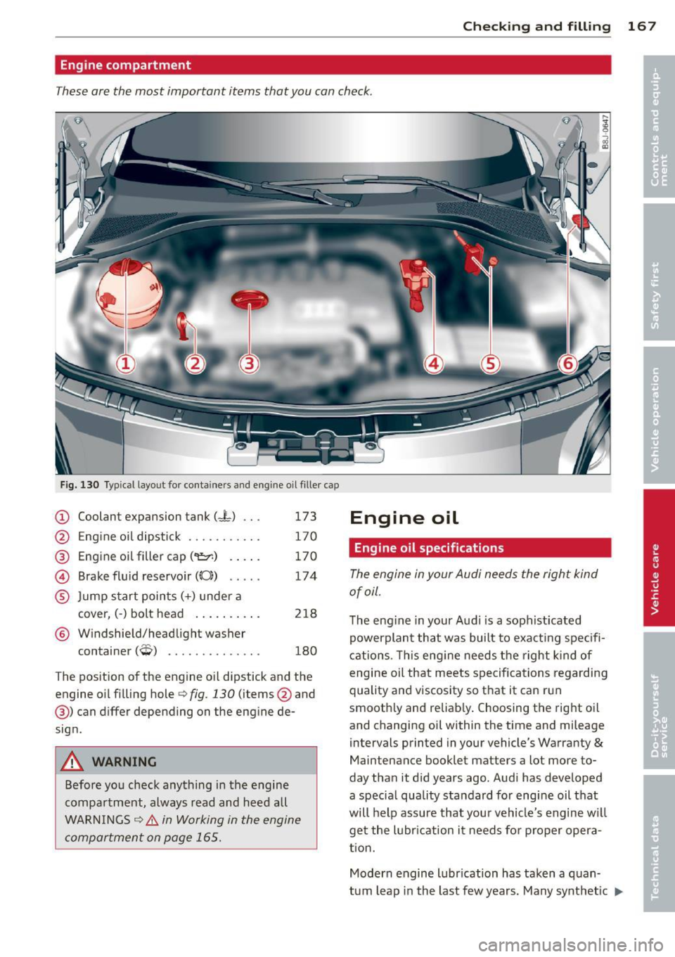 AUDI TT ROADSTER 2014 Owners Manual Checking and fillin g 167
Eng ine compartment
These are the most important items that you can check .
•
Fig. 130 Typ ical layout for containers and eng ine oil filler cap
(D Coola AUDI TT ROADSTER 2014 Owners Manual Checking and fillin g 167
Eng ine compartment
These are the most important items that you can check .
•
Fig. 130 Typ ical layout for containers and eng ine oil filler cap
(D Coola
