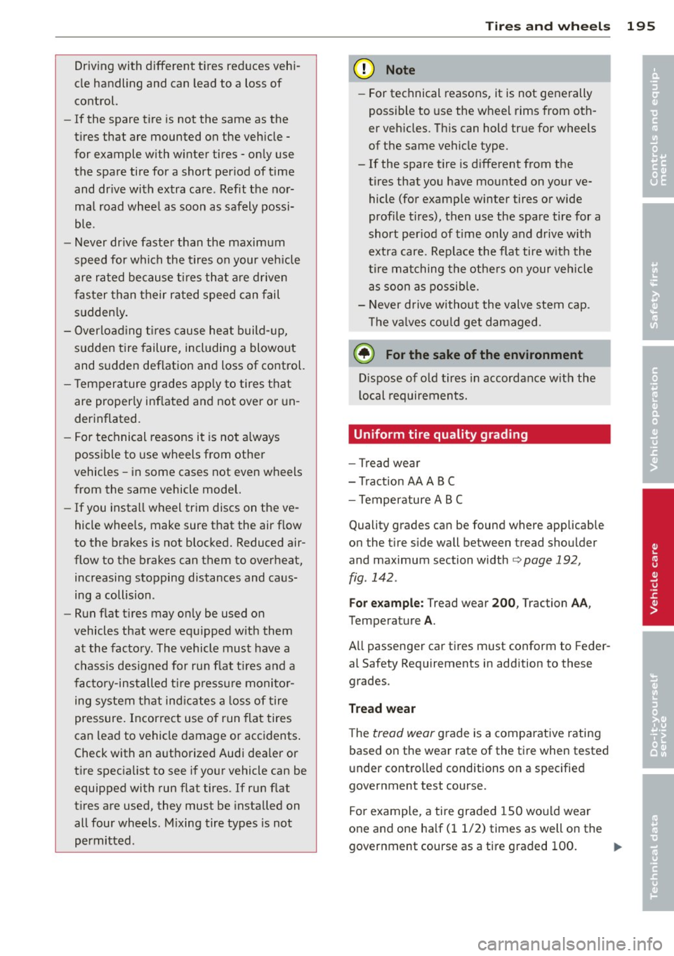 AUDI TT ROADSTER 2014 Owners Manual Driving with different tires reduces vehi
cle handling and can lead to a loss of
control.
- If the spare tire is not the same as the
tires that are mounted on the vehicle AUDI TT ROADSTER 2014 Owners Manual Driving with different tires reduces vehi
cle handling and can lead to a loss of
control.
- If the spare tire is not the same as the
tires that are mounted on the vehicle