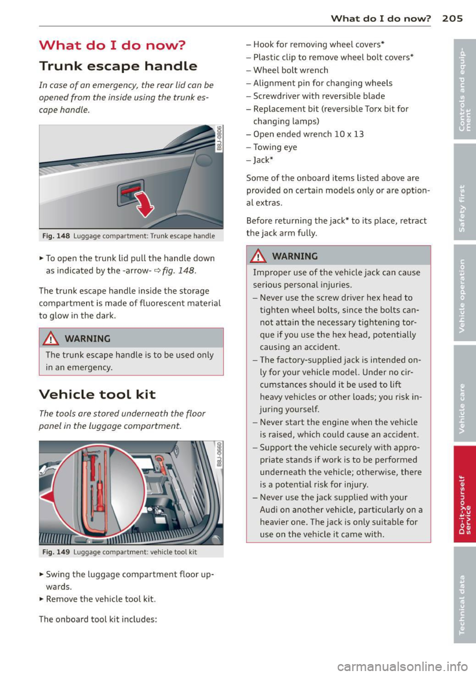 AUDI TT ROADSTER 2014  Owners Manual What  do  I  do  now? Trunk  escape  handle 
In case  of  an emergency,  the  rear lid can be 
opened  from  the  inside using  the  trunk  es­
cape handle . 
Fig. 148 Luggage  compa rtment:  Tr unk 