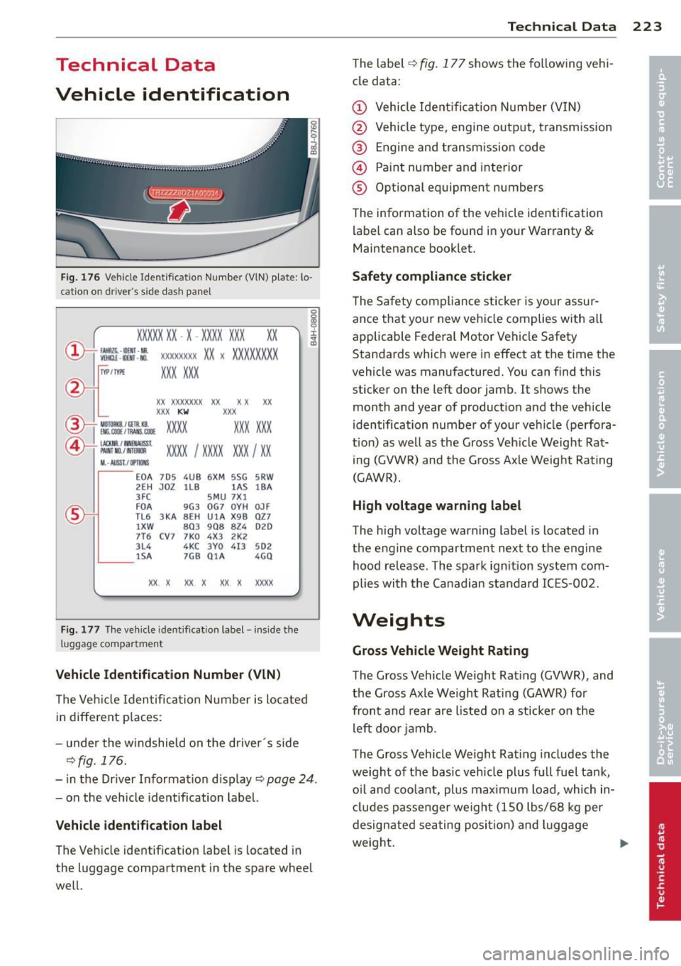 AUDI TT ROADSTER 2014  Owners Manual Technical  Data 
Vehicle  identification 
F ig.  176 Veh ide  Identificat ion  Numbe r (VlN) plate:  lo · 
c ation  on  d river s s ide  das h pane l 
XXXXX XX · X  -XXXX XXX 
~ fAllftlli.  -llllll