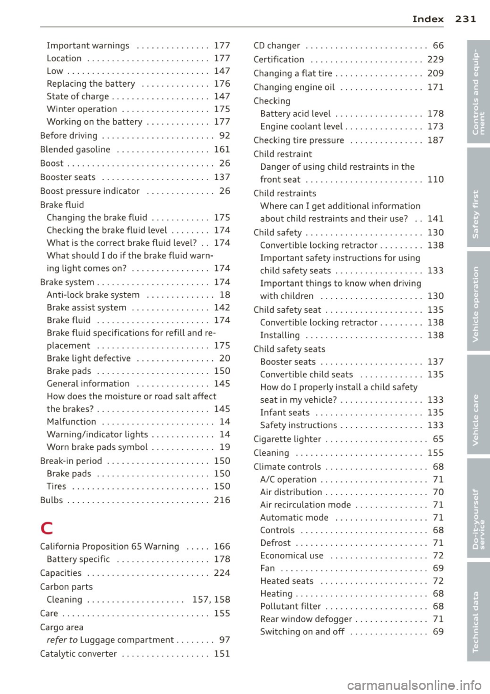 AUDI TT ROADSTER 2014 Owners Manual Important warnings ... ... .. .. .. .. . 177
Location 177
Low ... .. .. .. ... ....... ... .. .. .. . 147
Replacing the battery ........... .. . 176
State of charge . . . . . . . . . . . AUDI TT ROADSTER 2014 Owners Manual Important warnings ... ... .. .. .. .. . 177
Location 177
Low ... .. .. .. ... ....... ... .. .. .. . 147
Replacing the battery ........... .. . 176
State of charge . . . . . . . . . . .