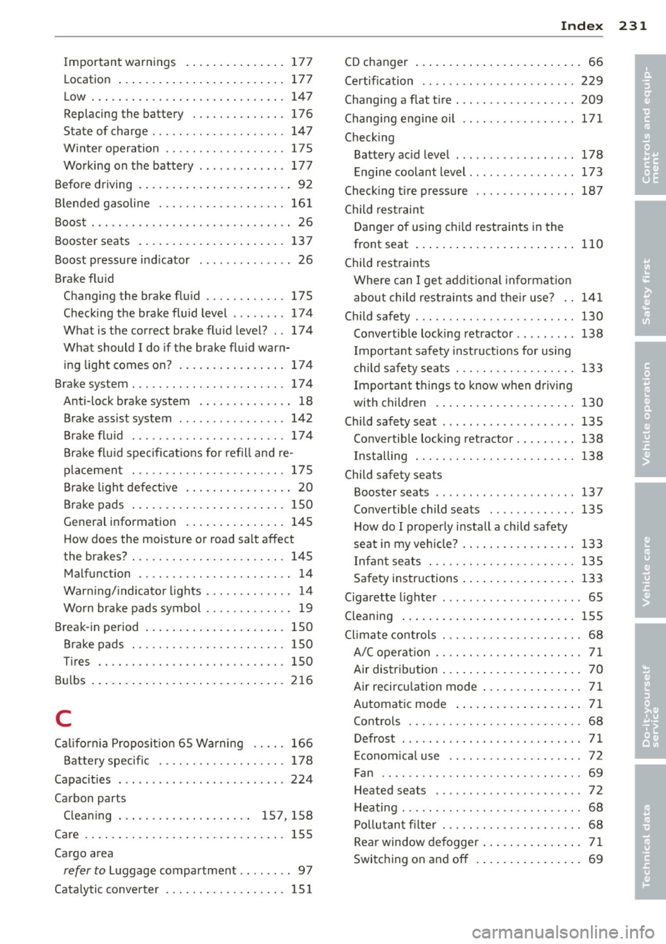 AUDI TT ROADSTER 2014  Owners Manual Important  warnings  ... ... .. .. .. .. . 177 
Location 177 
Low  ... .. .. .. ... ....... ... .. .. .. . 147 
Replacing the  battery  ........... .. . 176 
State  of charge  . .  . .  . . . .  . . .