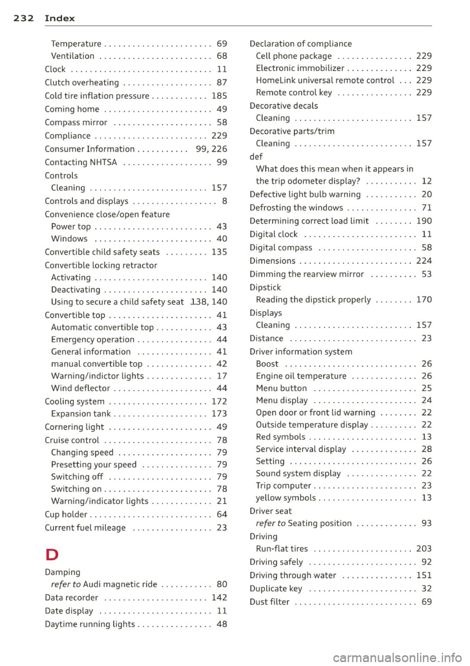 AUDI TT ROADSTER 2014 Owners Manual 232 Index
Temperature ............ ... .. .... .. 69
Ventilation .... ........... ... .... .. 68
C lock . . . . . . . . . . . . . . . . . . . . . . . . . . . . . . 11
Clutch overh AUDI TT ROADSTER 2014 Owners Manual 232 Index
Temperature ............ ... .. .... .. 69
Ventilation .... ........... ... .... .. 68
C lock . . . . . . . . . . . . . . . . . . . . . . . . . . . . . . 11
Clutch overh