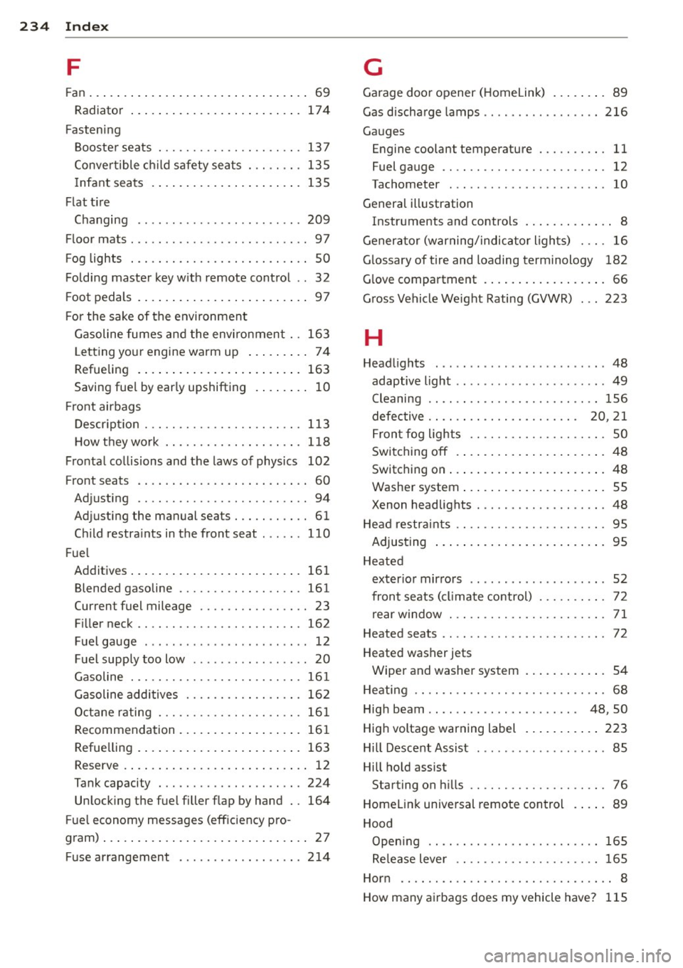 AUDI TT ROADSTER 2014 Owners Manual 234 Index
F
Fan ... . ... ... .. .. ..... ... .. .. .... .. 69
Radiator ... .. . .. ..... ... .. .. .... . 174
Fasten ing
B ooste r seats ............ .... .. .. .
137
Conve rtible c hild AUDI TT ROADSTER 2014 Owners Manual 234 Index
F
Fan ... . ... ... .. .. ..... ... .. .. .... .. 69
Radiator ... .. . .. ..... ... .. .. .... . 174
Fasten ing
B ooste r seats ............ .... .. .. .
137
Conve rtible c hild