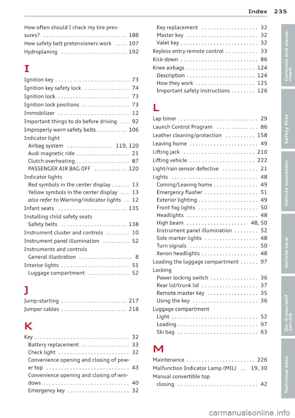 AUDI TT ROADSTER 2014 Owners Manual How often should I check my tire pres-
sures? .... .. .. ... ... .... ... .. .. ...
188
H ow safety belt pretensioners wo rk . .. . 107
Hydroplaning .. ........... .. .. .. ... 192
I AUDI TT ROADSTER 2014 Owners Manual How often should I check my tire pres-
sures? .... .. .. ... ... .... ... .. .. ...
188
H ow safety belt pretensioners wo rk . .. . 107
Hydroplaning .. ........... .. .. .. ... 192
I