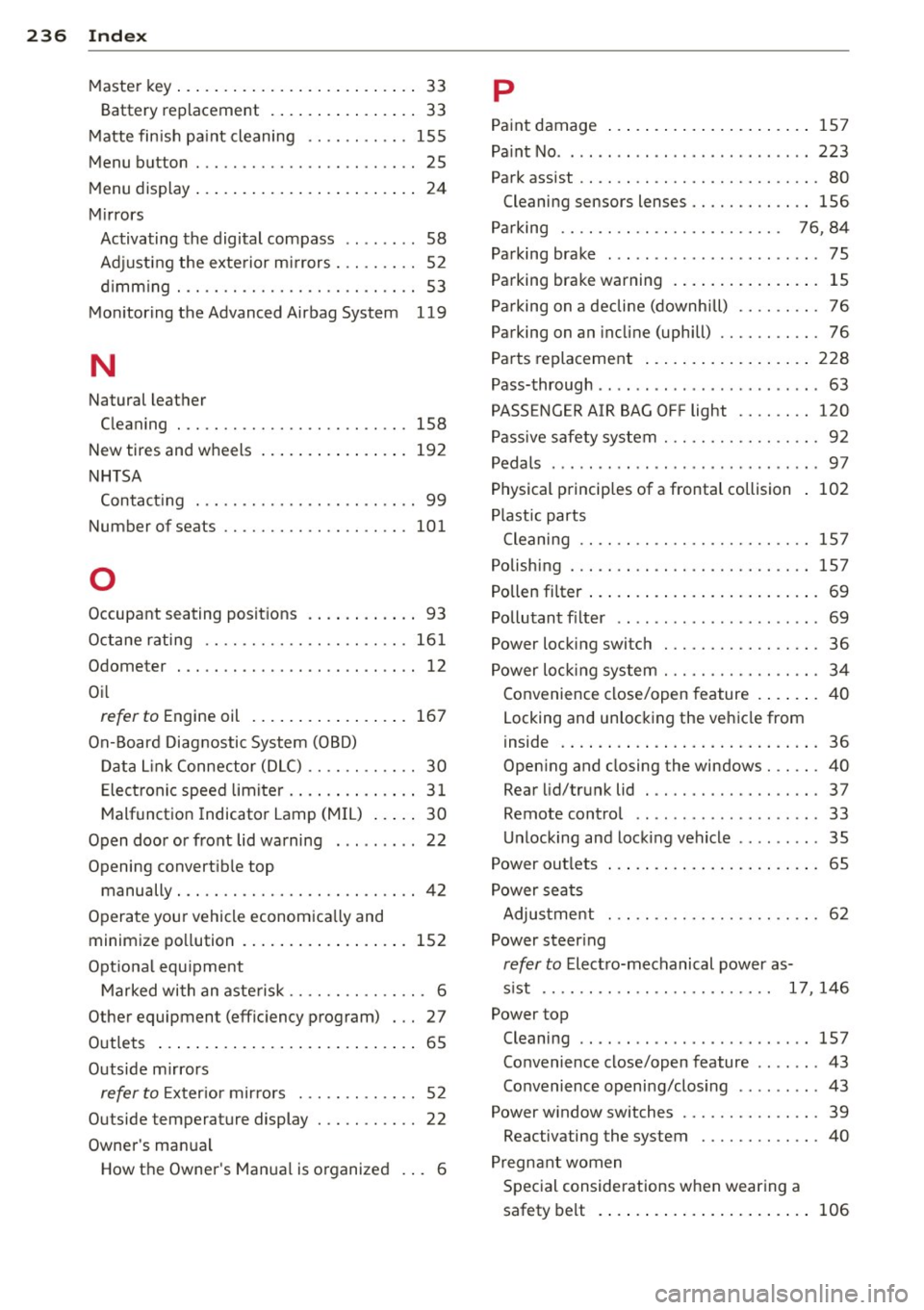 AUDI TT ROADSTER 2014 Owners Manual 236 Index
Master key ........ ........ .. .. .... .. 33
Battery replacement ................ 33
Matte finish pa int cleaning .. .. .. .... .
155
Menu button . . . . . . . . . . . . . AUDI TT ROADSTER 2014 Owners Manual 236 Index
Master key ........ ........ .. .. .... .. 33
Battery replacement ................ 33
Matte finish pa int cleaning .. .. .. .... .
155
Menu button . . . . . . . . . . . . .