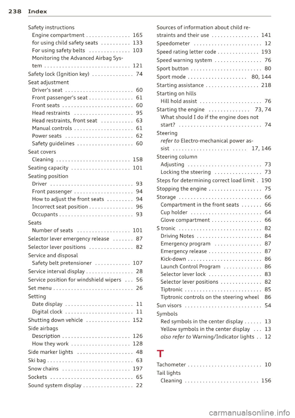 AUDI TT ROADSTER 2014 Owners Manual 238 Index
Safety instructions
Engine compartment . ... .. .. ... ... . 165
for using ch ild safety seats ... .. .... . 133
For using safety belts ..... .. .. .... . 103
Monitoring the AUDI TT ROADSTER 2014 Owners Manual 238 Index
Safety instructions
Engine compartment . ... .. .. ... ... . 165
for using ch ild safety seats ... .. .... . 133
For using safety belts ..... .. .. .... . 103
Monitoring the
