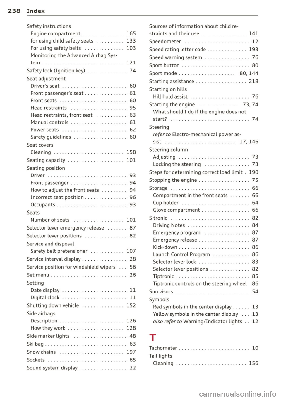 AUDI TT ROADSTER 2014  Owners Manual 238  Index 
Safety instructions 
Engine compartment  . ... .. .. ... ... .  165 
for  using  ch ild  safety  seats ... .. .... .  133 
For using  safety belts  ..... .. .. .... . 103 
Monitoring  the 