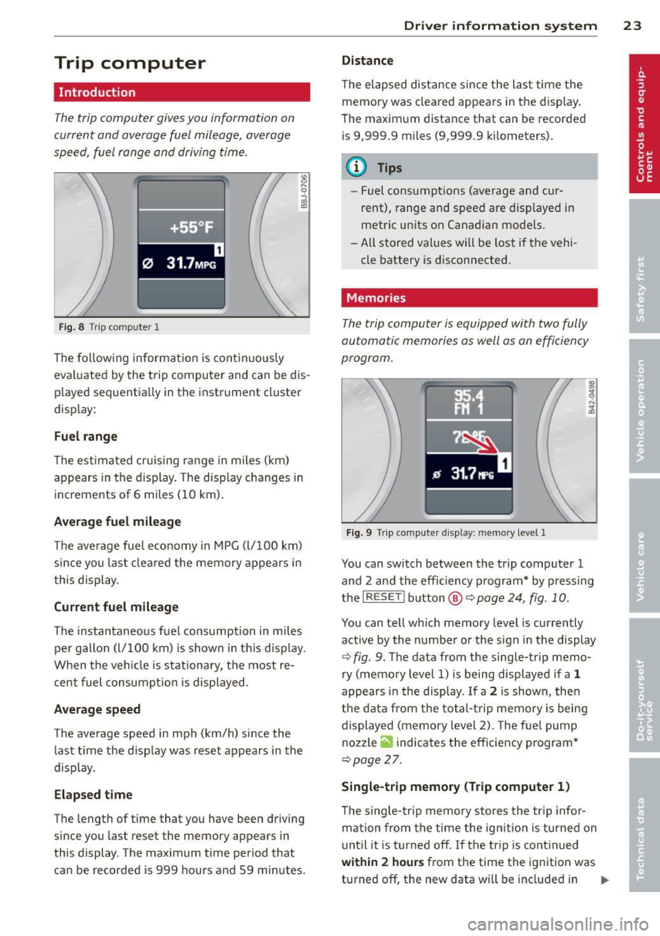 AUDI TT ROADSTER 2014 Owners Manual Trip computer
Introduction
The trip computer gives you information on
current and average fuel mileage, average
speed, fuel range and driving time .
Fig. 8 T rip comp ute r 1
The AUDI TT ROADSTER 2014 Owners Manual Trip computer
Introduction
The trip computer gives you information on
current and average fuel mileage, average
speed, fuel range and driving time .
Fig. 8 T rip comp ute r 1
The