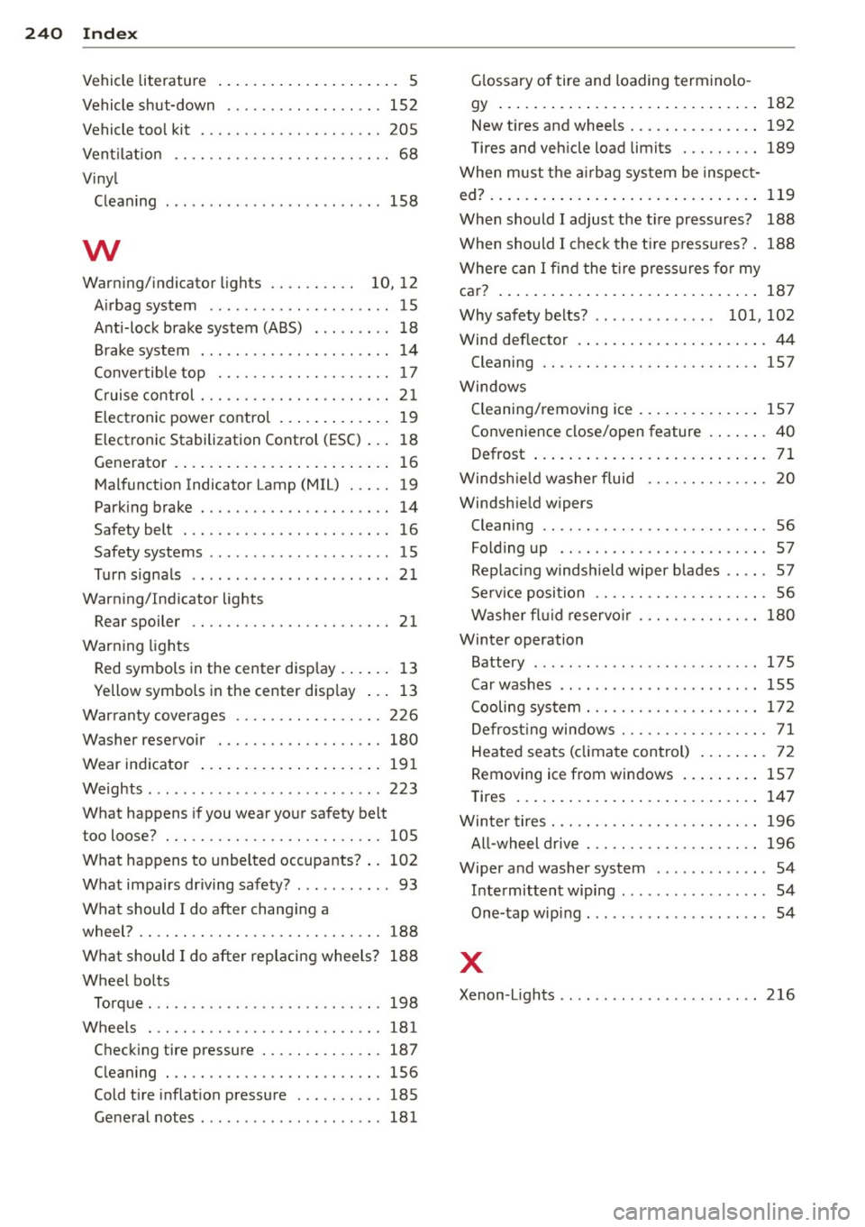 AUDI TT ROADSTER 2014 Owners Manual 24 0 Index
Vehicle literature . . . . . . . . . . . . . . . . . . . . . 5
Vehicle shut-down ............. .. ... 152
Veh icle too l kit ... ...... ..... .. .. .. . 205
Vent ilation AUDI TT ROADSTER 2014 Owners Manual 24 0 Index
Vehicle literature . . . . . . . . . . . . . . . . . . . . . 5
Vehicle shut-down ............. .. ... 152
Veh icle too l kit ... ...... ..... .. .. .. . 205
Vent ilation