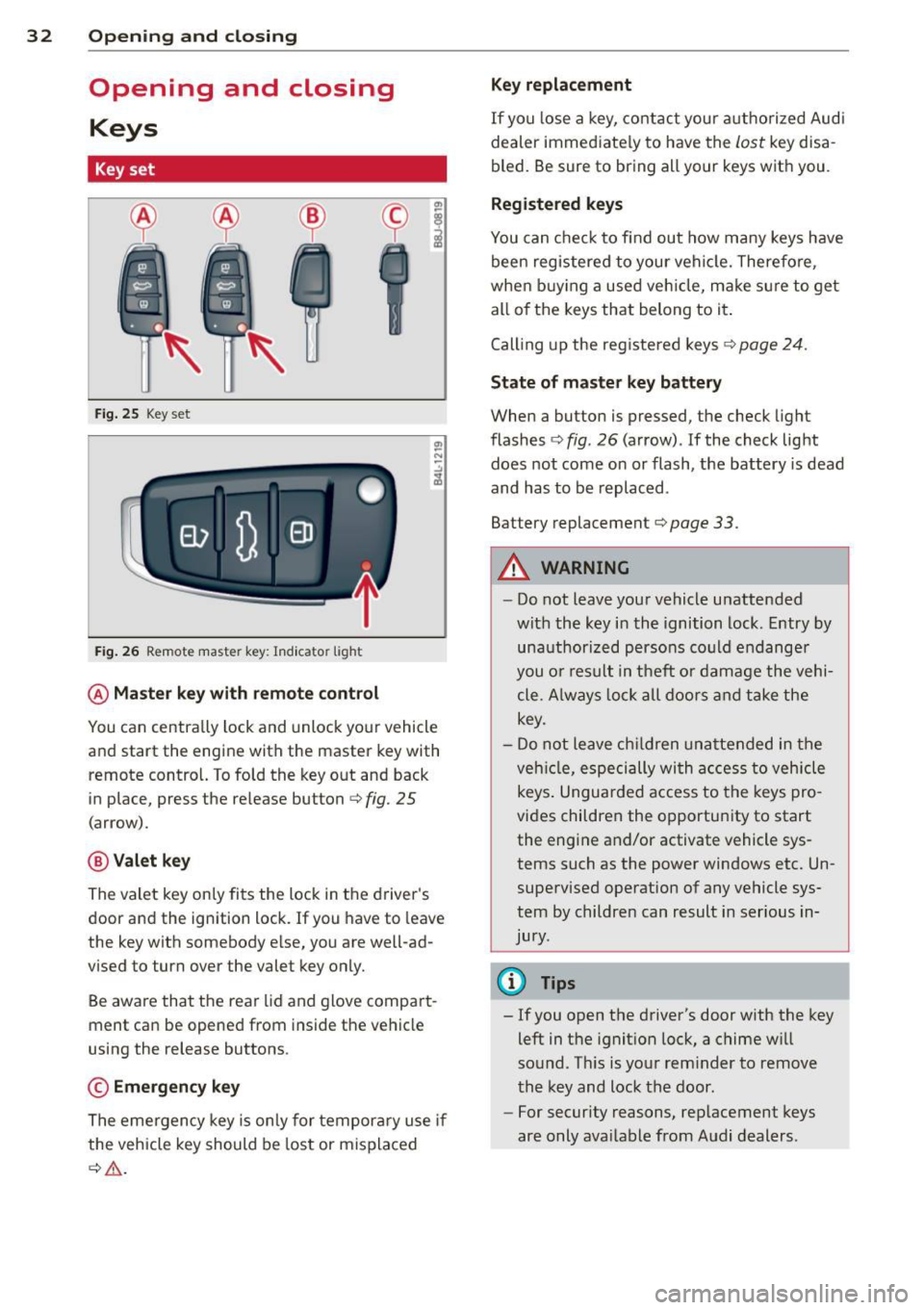 AUDI TT ROADSTER 2014 Owners Guide 32 Opening and clo sing
Opening and closing
Keys
Key set
Fig . 25 Key set
Fig. 26 Remote master key : Indicator light
@ Ma ster key w ith remote control
You can centrally lock and u AUDI TT ROADSTER 2014 Owners Guide 32 Opening and clo sing
Opening and closing
Keys
Key set
Fig . 25 Key set
Fig. 26 Remote master key : Indicator light
@ Ma ster key w ith remote control
You can centrally lock and u