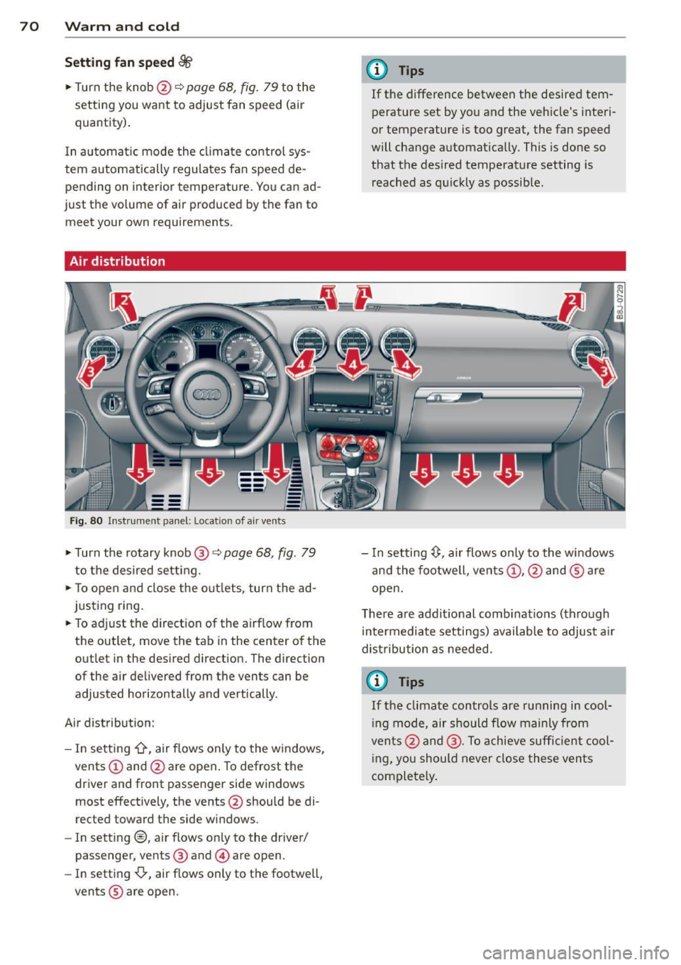 AUDI TT ROADSTER 2014 Manual PDF 70 Warm and cold
Setting fan sp ee d 8/r
.,. Turn the knob@¢ page 68, fig. 79 to the
setting you want to adjust fan speed (air
quantity).
I n a utomat ic mode the cl imate contro AUDI TT ROADSTER 2014 Manual PDF 70 Warm and cold
Setting fan sp ee d 8/r
.,. Turn the knob@¢ page 68, fig. 79 to the
setting you want to adjust fan speed (air
quantity).
I n a utomat ic mode the cl imate contro