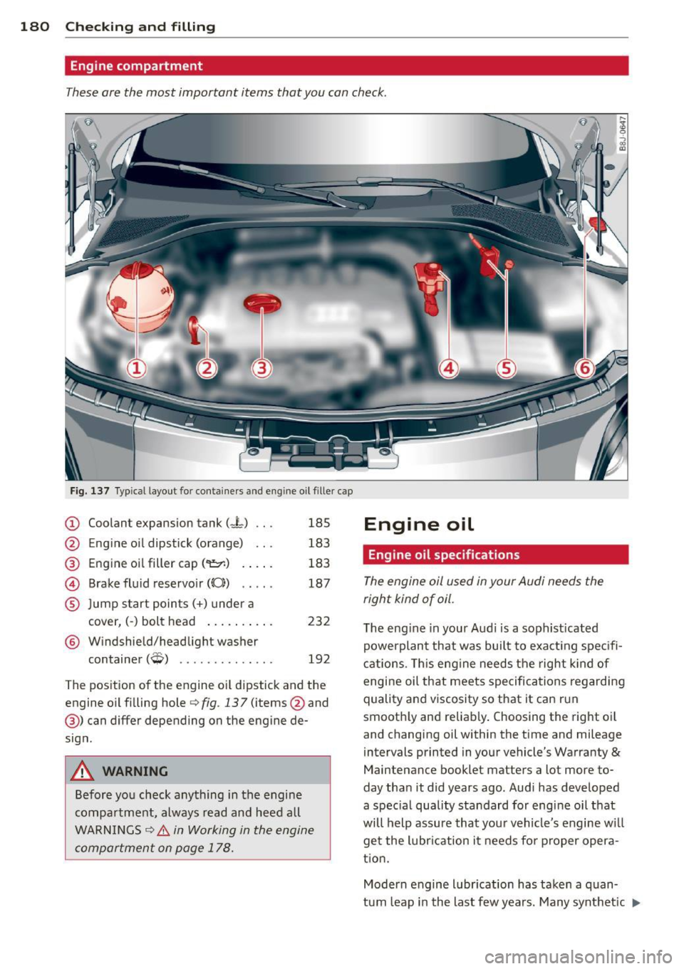AUDI TT ROADSTER 2011  Owners Manual 18 0  Che cking  and  filling 
Engine  compartment 
These are  the  most  important  items  that  you  can  check  . 
• 
Fig. 137 Typ ica l layout  fo r containers  and  eng ine  oil filler  cap 
(D