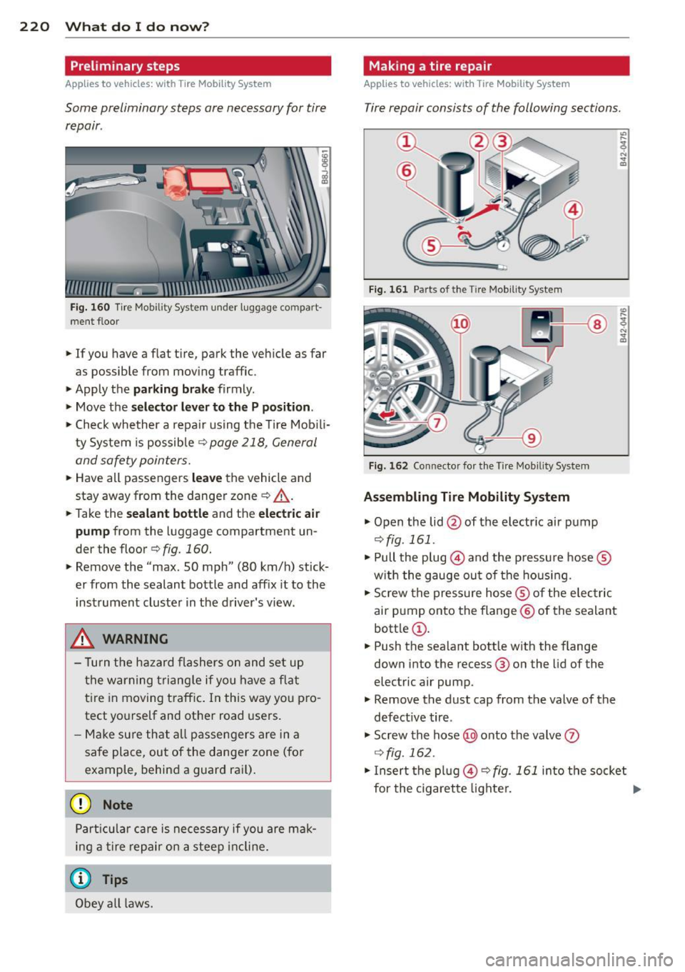 AUDI TT ROADSTER 2011  Owners Manual 220  What  do I do  now? 
Preliminary  steps 
Applies  to vehicles:  with  T ire  Mobility  System 
Some  preliminary  steps  are necessary  for  tire 
repair . 
Fig. 160 Tire  Mobili ty  System  unde