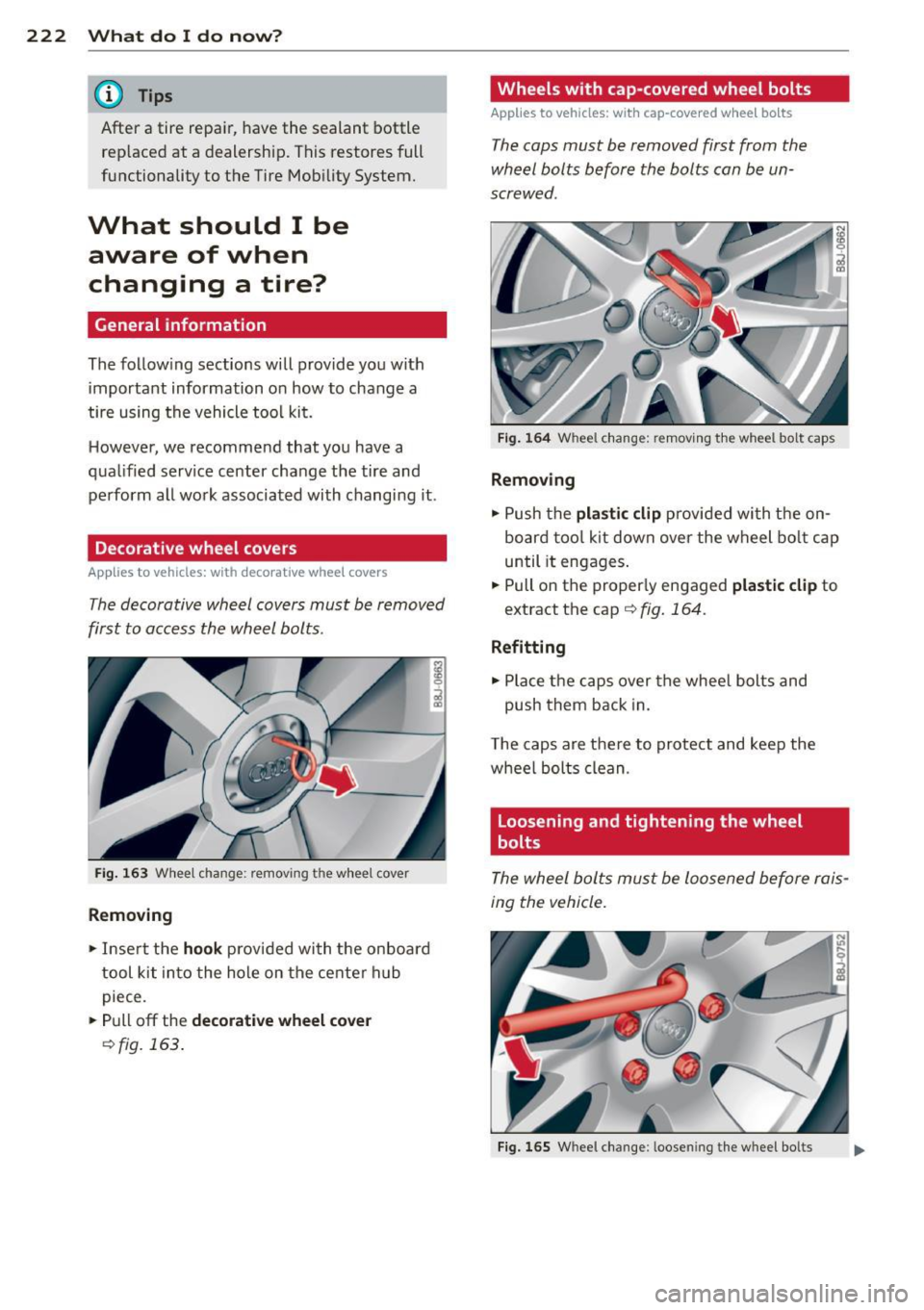 AUDI TT ROADSTER 2011  Owners Manual 222  What  do I do  now ? 
@ Tips 
After  a  tire  repair,  have the  sealant  bottle 
rep laced  at  a dealership . This  restores  full 
functionality  to  the  Tire  Mob ility System. 
What  should