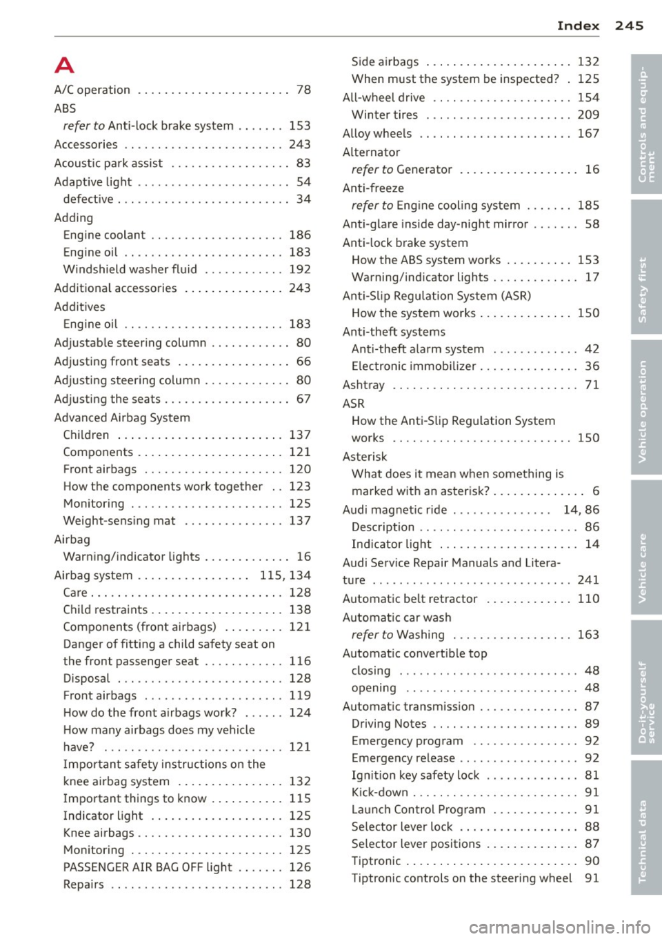 AUDI TT ROADSTER 2011  Owners Manual A 
A/C operation 
ABS ................... .... 78 
refer  to Anti-lock  brake system  .. .. .. .  153 
Accessories  . .  . . . . . . . . . . . . .  . . . .  . .  . . .  243 
Acoustic  park  assist  . 