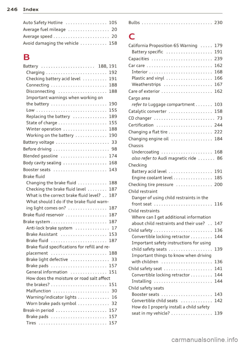 AUDI TT ROADSTER 2011  Owners Manual 246  Index 
Auto Safety  Hotline ............ .... . 105 
Average fuel  mileage  ........... .. .... 20 
Average speed  . . . .  . . . . . . . . .  . .  . .  . .  . .  . . 20 
Avoid damaging  the vehi