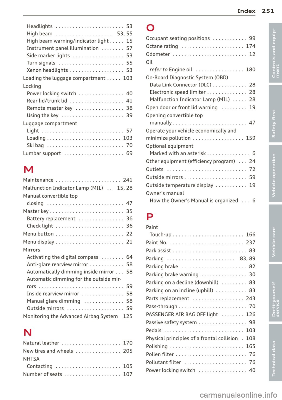 AUDI TT ROADSTER 2011 Owners Manual Index 251 ___________________________________ ......:.
Headlights . . . . . . . . . . . . . . . . . . . . . . . . 53
H igh beam . . . . . . . . . . . . . . . . . . . . 53, 55
H i AUDI TT ROADSTER 2011 Owners Manual Index 251 ___________________________________ ......:.
Headlights . . . . . . . . . . . . . . . . . . . . . . . . 53
H igh beam . . . . . . . . . . . . . . . . . . . . 53, 55
H i