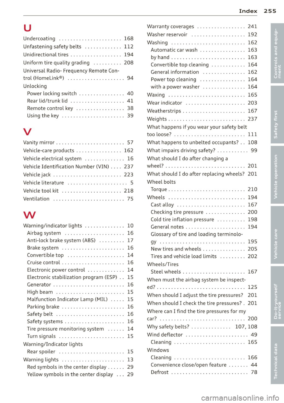 AUDI TT ROADSTER 2011 Owners Manual u
Undercoating ................... ... 168
Unfastening safety belts .. .. .. .. .. .. . 112
Unidirectional tires ......... .. .. .. .. . 194
Uniform tire quality grading . .. .. .. .. AUDI TT ROADSTER 2011 Owners Manual u
Undercoating ................... ... 168
Unfastening safety belts .. .. .. .. .. .. . 112
Unidirectional tires ......... .. .. .. .. . 194
Uniform tire quality grading . .. .. .. ..