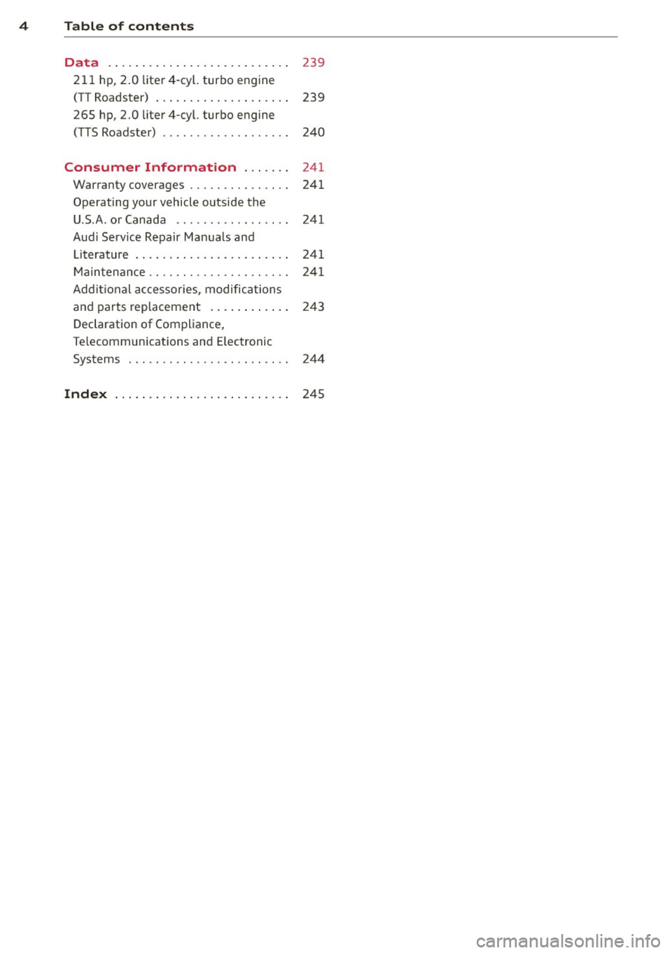 AUDI TT ROADSTER 2011  Owners Manual 4  Table  of  contents Data . . . .  . . .  . .  . .  . . . . . . . .  . .  . .  . . . . 
239 
211  hp, 2.0  liter4-cyl.  turbo  engine 
(TT Roadster)  . .  . . . . . . . .  . .  . .  . .  . . . .  23