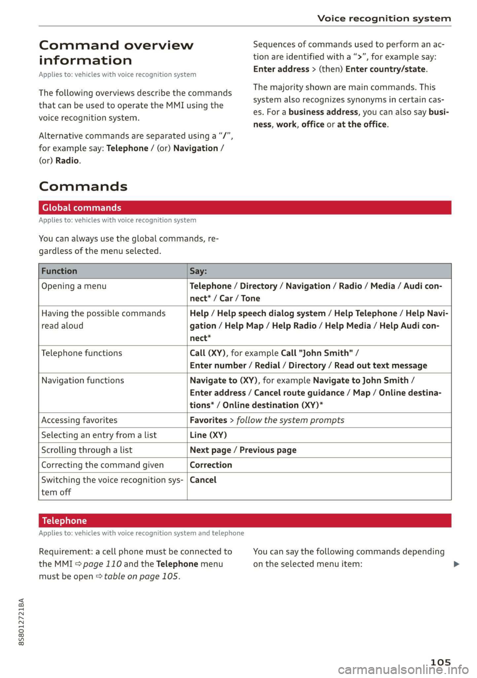 AUDI TT ROADSTER 2019 Owners Manual 8S58012721BA
Voice recognition system
Command overview Sequences of commands used to perform an ac-
ucn information tion are identified with a “>”, for example say:
: . . , Enter address > AUDI TT ROADSTER 2019 Owners Manual 8S58012721BA
Voice recognition system
Command overview Sequences of commands used to perform an ac-
ucn information tion are identified with a “>”, for example say:
: . . , Enter address >