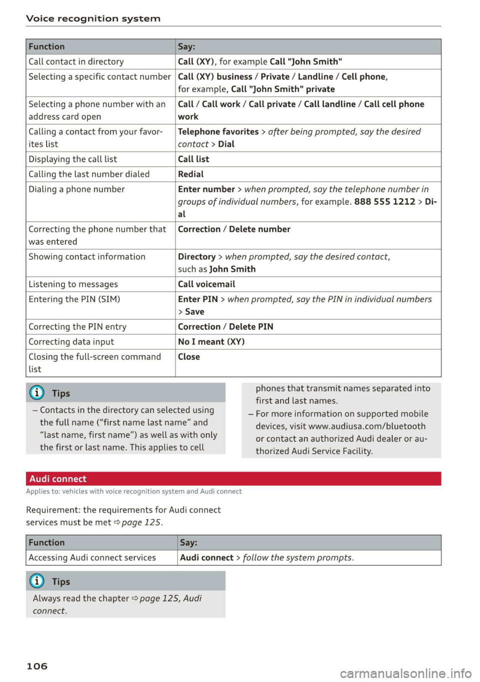 AUDI TT ROADSTER 2019 Owners Manual Voice recognition system
Function Say:
Call contact in directory Call (XY), for example Call "John Smith"
Selecting a specific contact number Call (XY) business / Private / Land AUDI TT ROADSTER 2019 Owners Manual Voice recognition system
Function Say:
Call contact in directory Call (XY), for example Call "John Smith"
Selecting a specific contact number Call (XY) business / Private / Land
