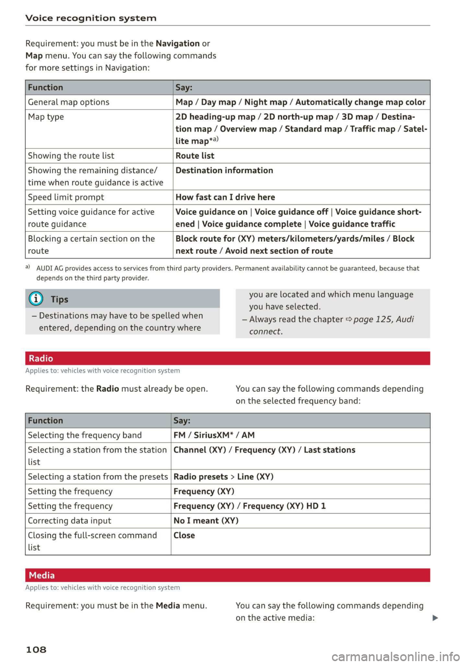 AUDI TT ROADSTER 2019 Owners Manual Voice recognition system
Requirement: you must be in the Navigation or
Map menu. You can say the following commands
for more settings in Navigation:
Function Say:
General map optio AUDI TT ROADSTER 2019 Owners Manual Voice recognition system
Requirement: you must be in the Navigation or
Map menu. You can say the following commands
for more settings in Navigation:
Function Say:
General map optio