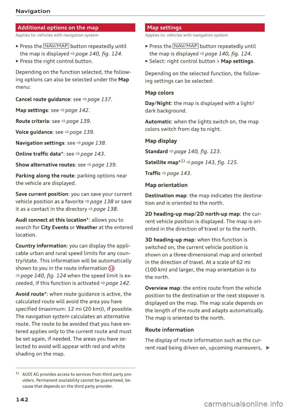 AUDI TT ROADSTER 2019  Owners Manual Navigation 
  
  
Additional options on the map 
Applies to: vehicles with navigation system 
  
    > Press the LNAV/MAP] button repeatedly until 
the map is displayed > page 140, fig. 124. 
> Press 