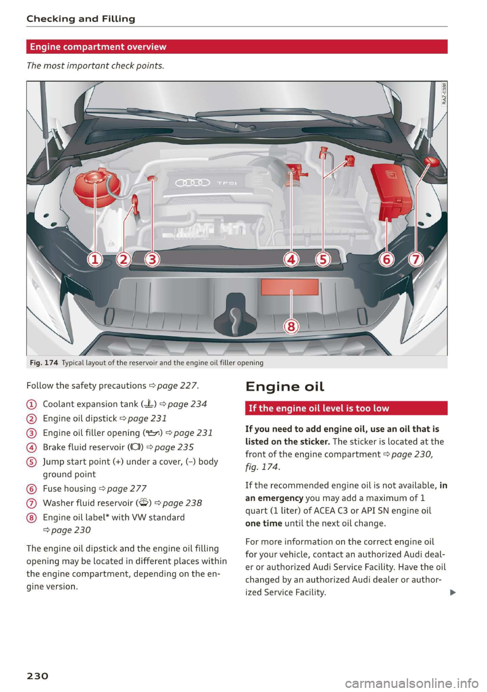 AUDI TT ROADSTER 2019  Owners Manual Checking and Filling 
  
  Engine compartment overview 
The most important check points. 
  
  
RAZ-0386 
  
    
Fig. 174 Typical layout of the reservoir and the engine oil filler opening 
Follow the