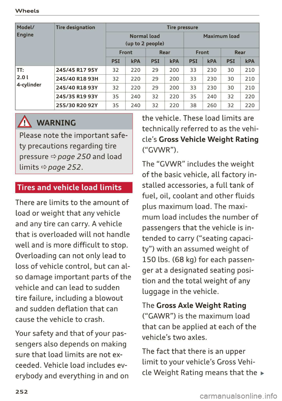 AUDI TT ROADSTER 2019 Owners Manual Wheels
limits > page 252.
Tires and vehicle load limits
There
are limits to the amount of
load or weight that any vehicle
and any tire can AUDI TT ROADSTER 2019 Owners Manual Wheels
limits > page 252.
Tires and vehicle load limits
There
are limits to the amount of
load or weight that any vehicle
and any tire can