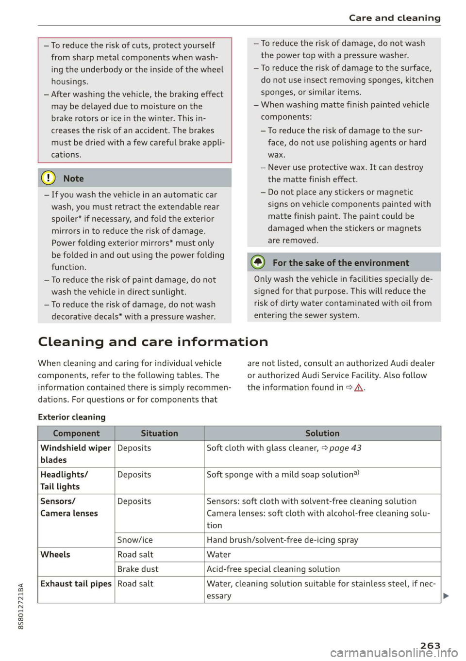 AUDI TT ROADSTER 2019 Owners Manual 8S8012721BA
Care and cleaning
—To reduce the risk of cuts, protect yourself
from sharp metal components when wash-
ing the underbody or the inside of the wheel
housings.
— After was AUDI TT ROADSTER 2019 Owners Manual 8S8012721BA
Care and cleaning
—To reduce the risk of cuts, protect yourself
from sharp metal components when wash-
ing the underbody or the inside of the wheel
housings.
— After was