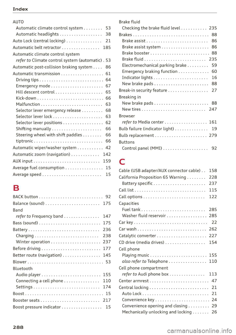 AUDI TT ROADSTER 2019 Owners Manual Index
AUTO
Automatic climate control system........ 53
Automatic headlights...............0.. 38
Auto Lock (central locking) ............... 21
Automatic belt retractor..............-. 185
Au AUDI TT ROADSTER 2019 Owners Manual Index
AUTO
Automatic climate control system........ 53
Automatic headlights...............0.. 38
Auto Lock (central locking) ............... 21
Automatic belt retractor..............-. 185
Au