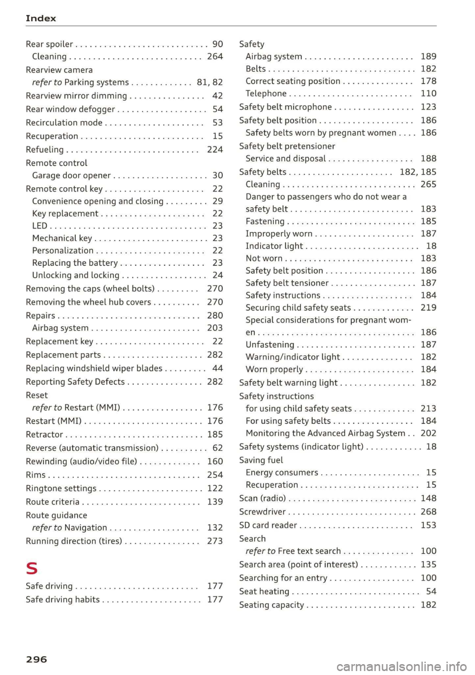 AUDI TT ROADSTER 2019 Owners Manual Index
Rearspoile tics + 2 sesame» © ssemte ow aucun 2 v eae © 90
Cleaning....... 06... cece eee eee eee 264
Rearview camera
refer to Parking systems............. 81, 82
Rearview mirror di AUDI TT ROADSTER 2019 Owners Manual Index
Rearspoile tics + 2 sesame» © ssemte ow aucun 2 v eae © 90
Cleaning....... 06... cece eee eee eee 264
Rearview camera
refer to Parking systems............. 81, 82
Rearview mirror di