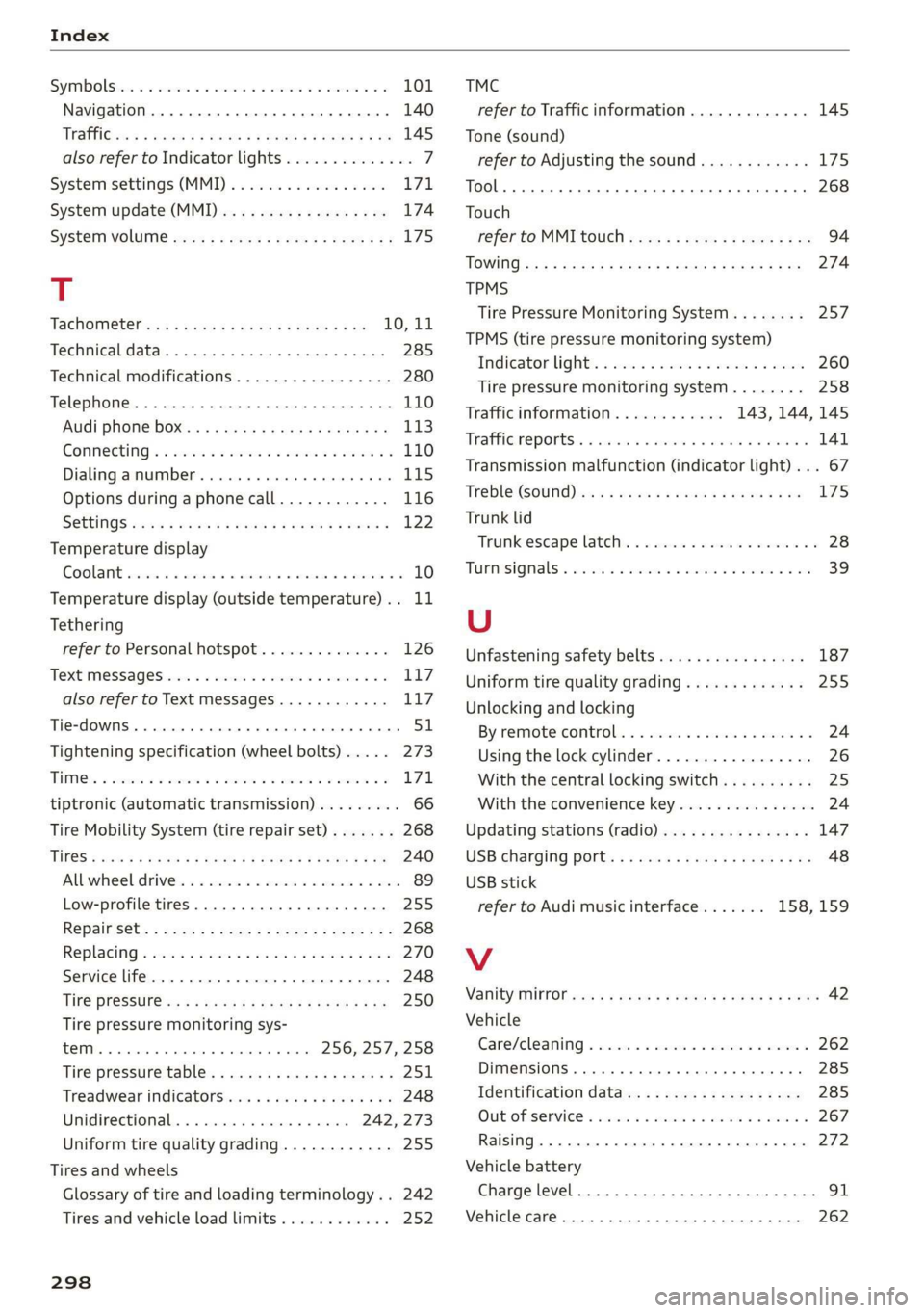 AUDI TT ROADSTER 2019 Owners Manual Index
SyMbol Stereo x sess ae cueceee oo comes vo ooeee woo 101
Navigation ..... 0.0... ccc eee eee eee 140
UtathiGwuss + aun x eeu a 2 Wome aE oem Bod ee 145
also refer to Indicator lights.. AUDI TT ROADSTER 2019 Owners Manual Index
SyMbol Stereo x sess ae cueceee oo comes vo ooeee woo 101
Navigation ..... 0.0... ccc eee eee eee 140
UtathiGwuss + aun x eeu a 2 Wome aE oem Bod ee 145
also refer to Indicator lights..