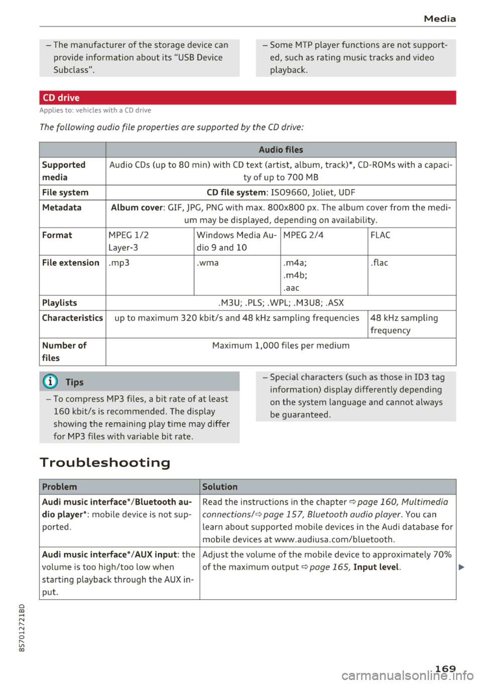 AUDI TT ROADSTER 2018  Owners Manual Cl 00 ... N r-­N ... 0 r-­Vl 00 
Media 
-The manufactu rer of  the  stora ge  device can 
provide  information  about  its  "USB Device 
Subclass" . -Some MTP p laye r fu nct ions are not  s upport 