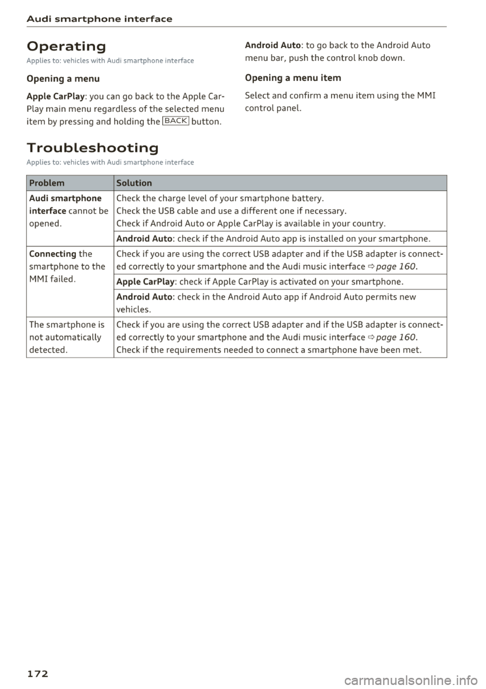 AUDI TT ROADSTER 2018  Owners Manual Audi smartphone  interface 
Operating 
Applies  to: vehicles with  Audi smartphone  interface 
Android  Auto : to go  back to  the  Android  Auto 
menu  bar,  push the  control  knob  down. 
Opening  