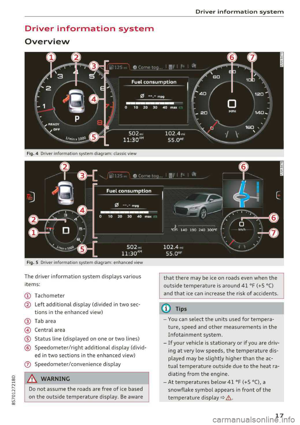 AUDI TT ROADSTER 2018  Owners Manual Cl co .... N ,-... N ...... 0 ,-... Vl co 
Driver  information  system 
Overview 
Fig.  4 Driver  information  system  diagram:  classic v iew 
Fig. S D rive r  in formation  system  diagram : en ha n