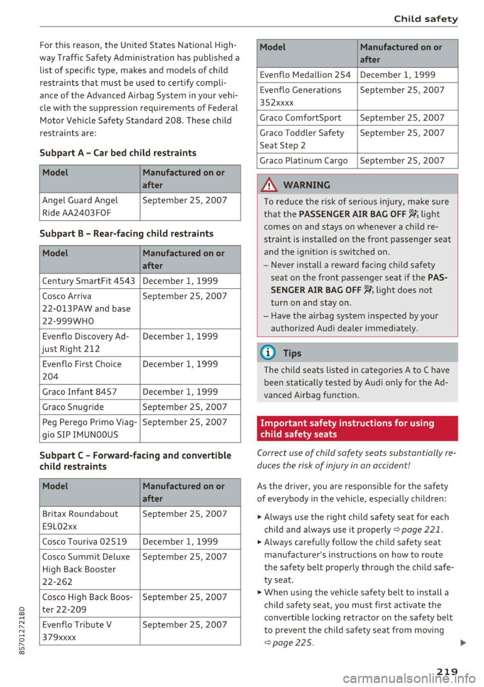 AUDI TT ROADSTER 2018 Owners Manual Cl 00 ... N r-N ... 0 r-Vl 00
For this reason, the United States National High
way Traffic Safety Administration has published a list of specific type, makes and models of AUDI TT ROADSTER 2018 Owners Manual Cl 00 ... N r-N ... 0 r-Vl 00
For this reason, the United States National High
way Traffic Safety Administration has published a list of specific type, makes and models of