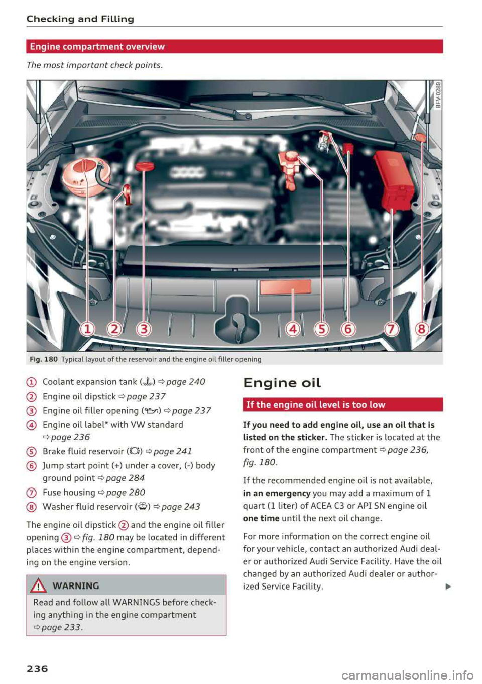 AUDI TT ROADSTER 2018 Owners Manual Checking and Filling
Engine compartment overview
The most important check points .
Fig . 180 Typ ica l layou t of th e re servo ir and t he e ngin e o il f ille r open ing
(D Coolan t e AUDI TT ROADSTER 2018 Owners Manual Checking and Filling
Engine compartment overview
The most important check points .
Fig . 180 Typ ica l layou t of th e re servo ir and t he e ngin e o il f ille r open ing
(D Coolan t e