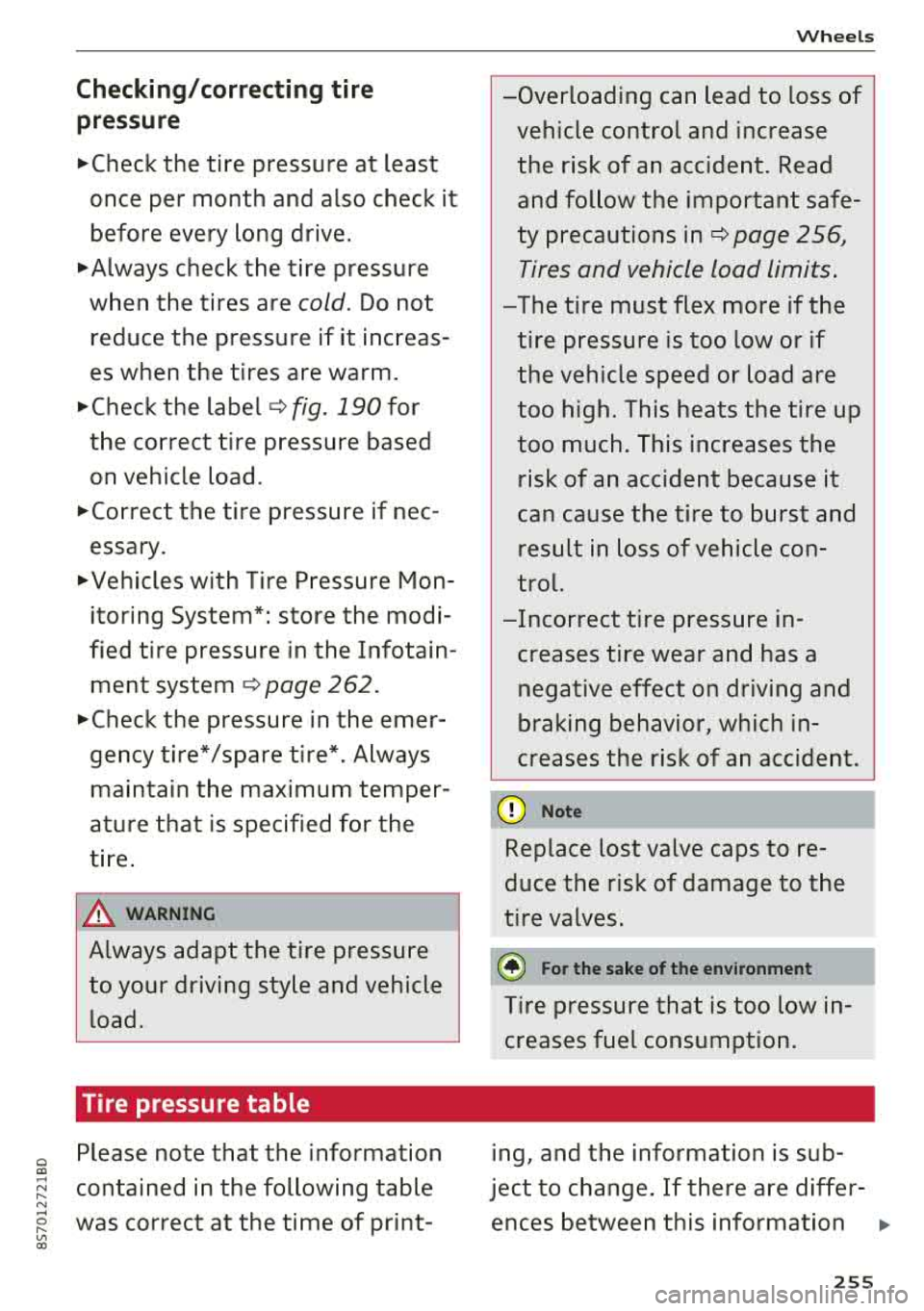 AUDI TT ROADSTER 2018  Owners Manual 0 co .... N 
" N .... 0 
" " co 
Checking/correcting  ti re 
pressure 
.,,. Chec k the  tire  pressure  at  least 
once  per  month  and  also  check  it  before  every long  drive. 
.,,. Always chec